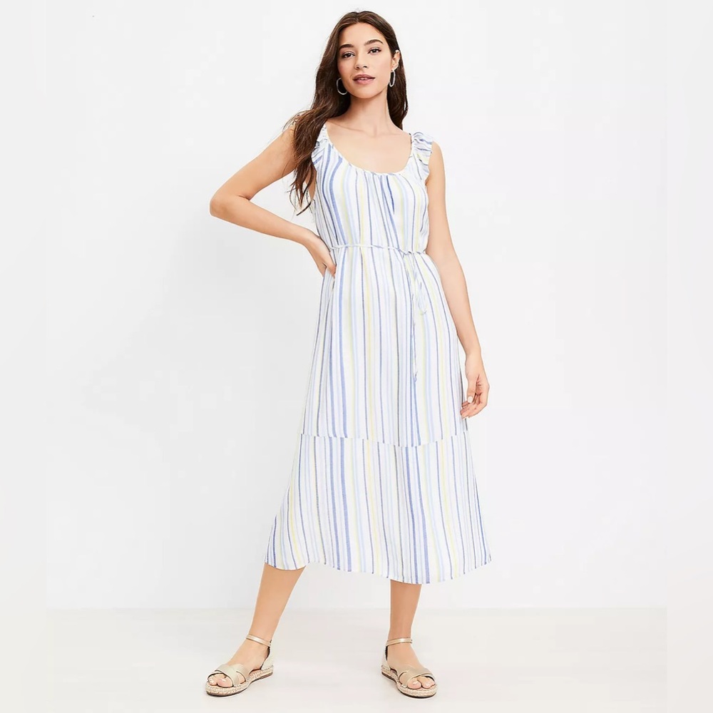 LOFT XL Striped Ruffle Strap Midi Dress